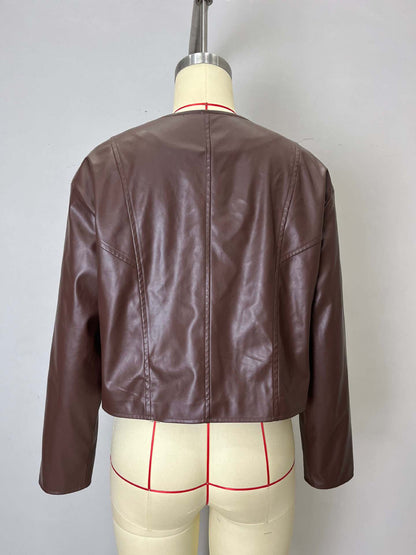 Cropped Faux Leather Jacket with Gold Buttons