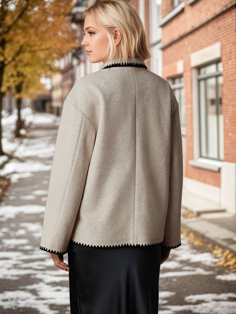 Relaxed Fit Jacket with Scalloped Contrast Trim and Lapel