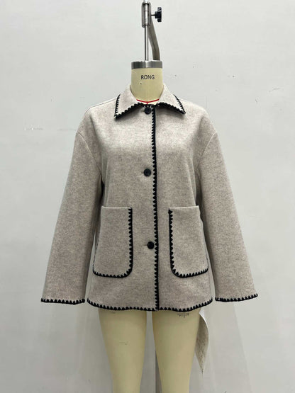 Relaxed Fit Jacket with Scalloped Contrast Trim and Lapel
