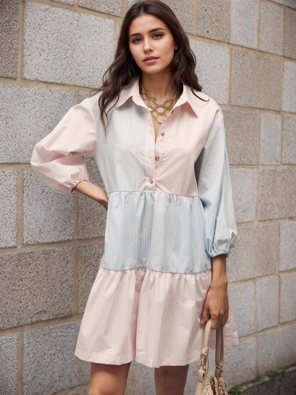 Contrasting Striped Tiered Dress with Lapel and Lantern Sleeves