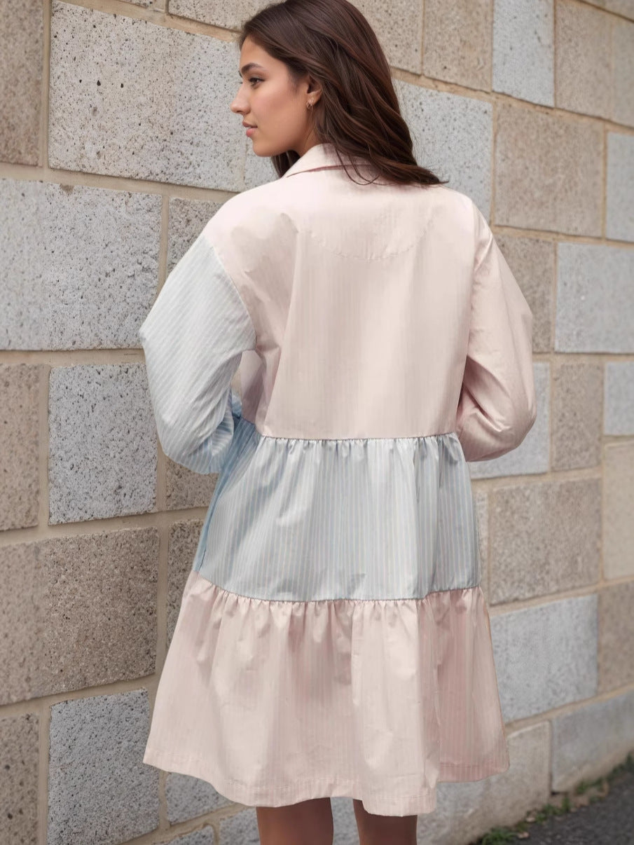 Contrasting Striped Tiered Dress with Lapel and Lantern Sleeves