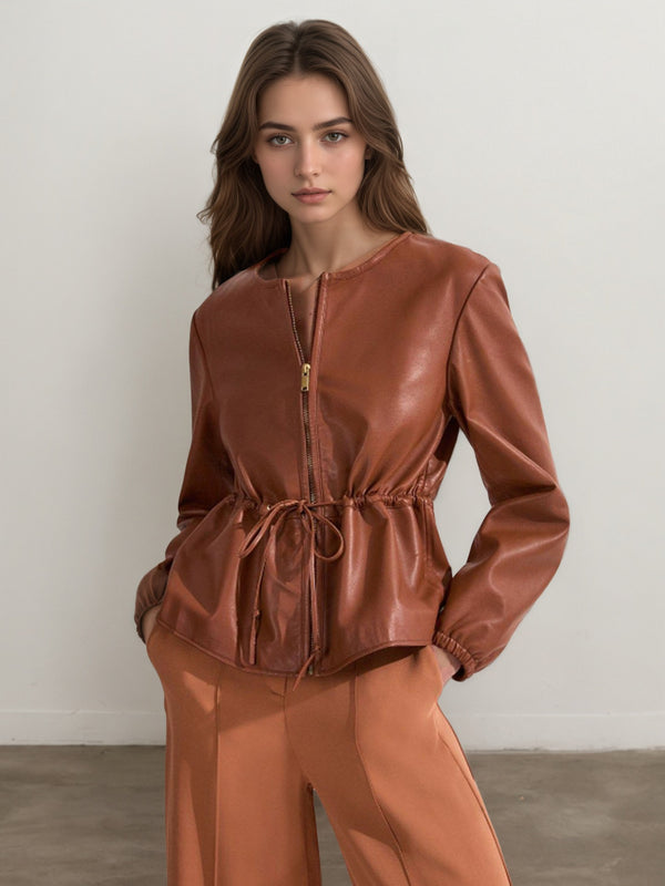 Brown Faux Leather Jacket with Round Neck and Drawstring Waist