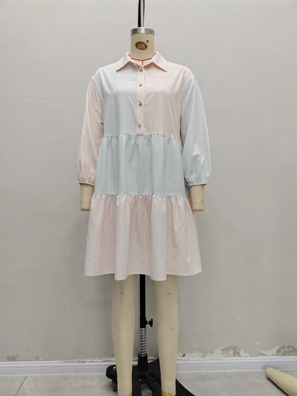 Contrasting Striped Tiered Dress with Lapel and Lantern Sleeves