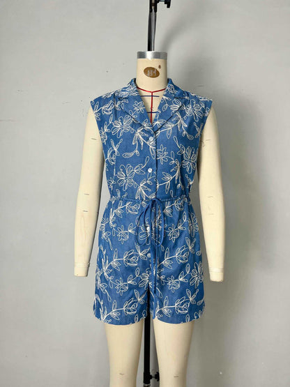 Floral Embroidered Romper with Lapel Collar and Drawstring Waist