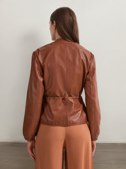 Brown Faux Leather Jacket with Round Neck and Drawstring Waist