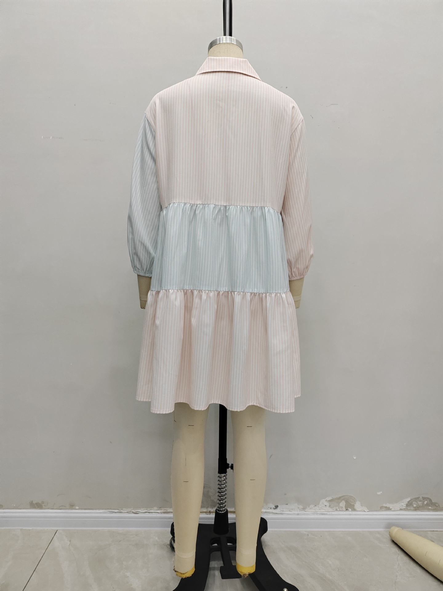 Contrasting Striped Tiered Dress with Lapel and Lantern Sleeves