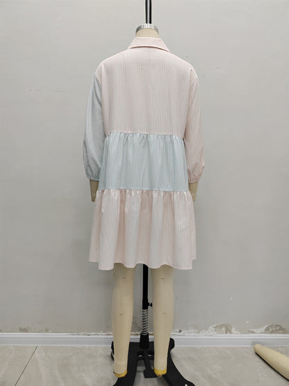 Contrasting Striped Tiered Dress with Lapel and Lantern Sleeves