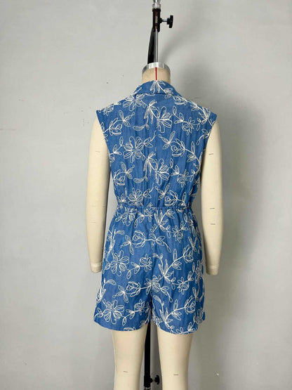 Floral Embroidered Romper with Lapel Collar and Drawstring Waist
