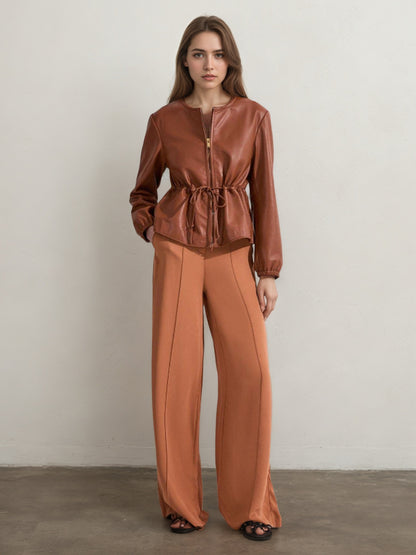 Brown Faux Leather Jacket with Round Neck and Drawstring Waist