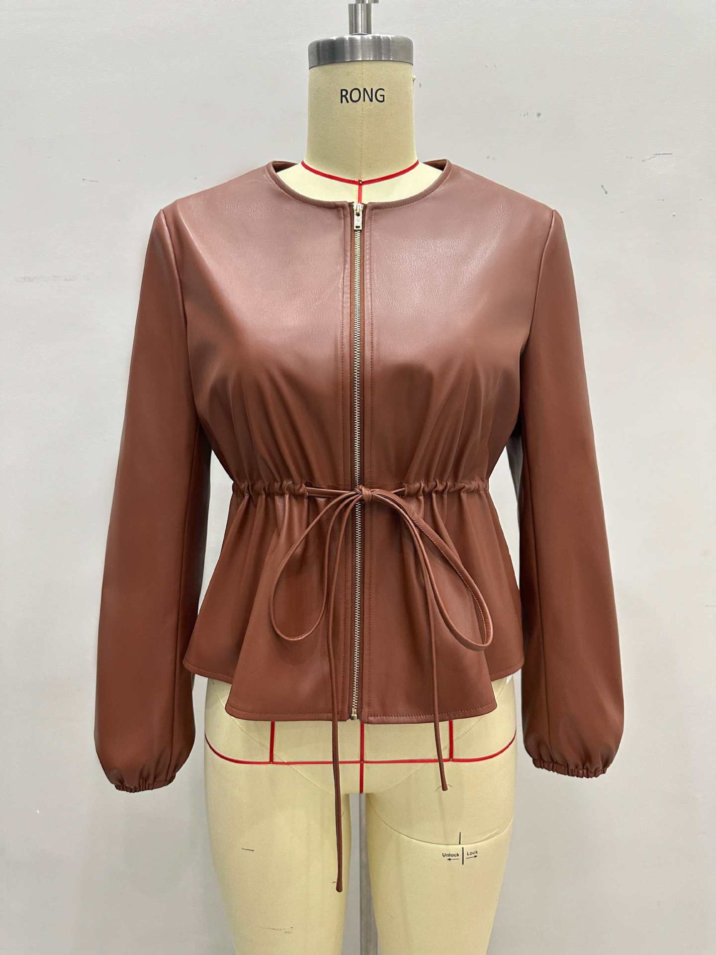 Brown Faux Leather Jacket with Round Neck and Drawstring Waist