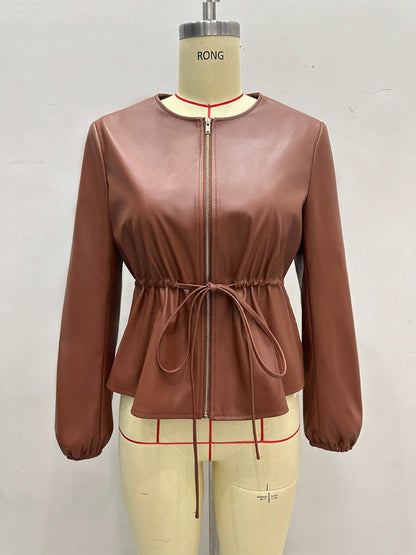 Brown Faux Leather Jacket with Round Neck and Drawstring Waist