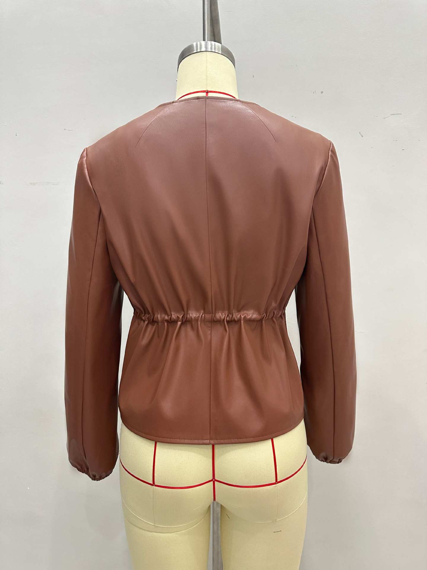 Brown Faux Leather Jacket with Round Neck and Drawstring Waist