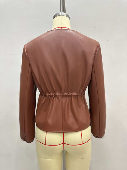 Brown Faux Leather Jacket with Round Neck and Drawstring Waist