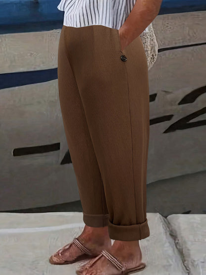 Ribbed Knit Straight Trousers with High Elastic Waist