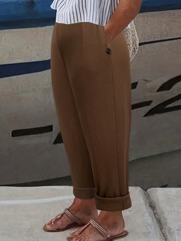 Ribbed Knit Straight Trousers with High Elastic Waist
