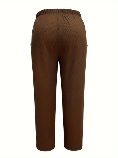 Ribbed Knit Straight Trousers with High Elastic Waist