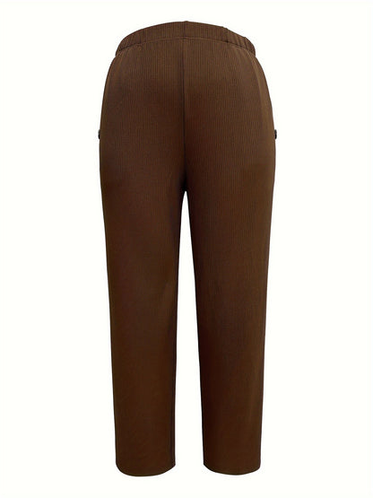 Ribbed Knit Straight Trousers with High Elastic Waist