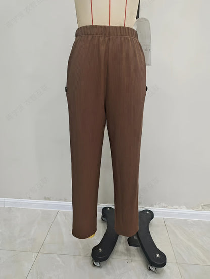 Ribbed Knit Straight Trousers with High Elastic Waist