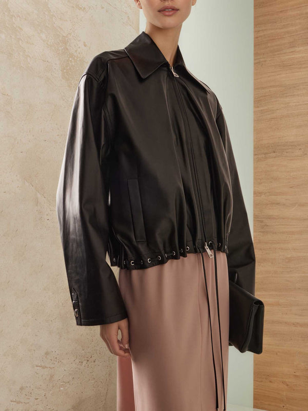 Oversized Faux Leather Blouson Jacket with Lapel and Drawstring Hem