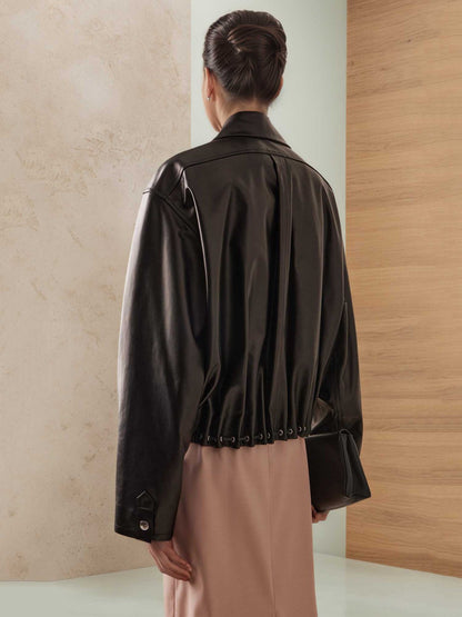 Oversized Faux Leather Blouson Jacket with Lapel and Drawstring Hem