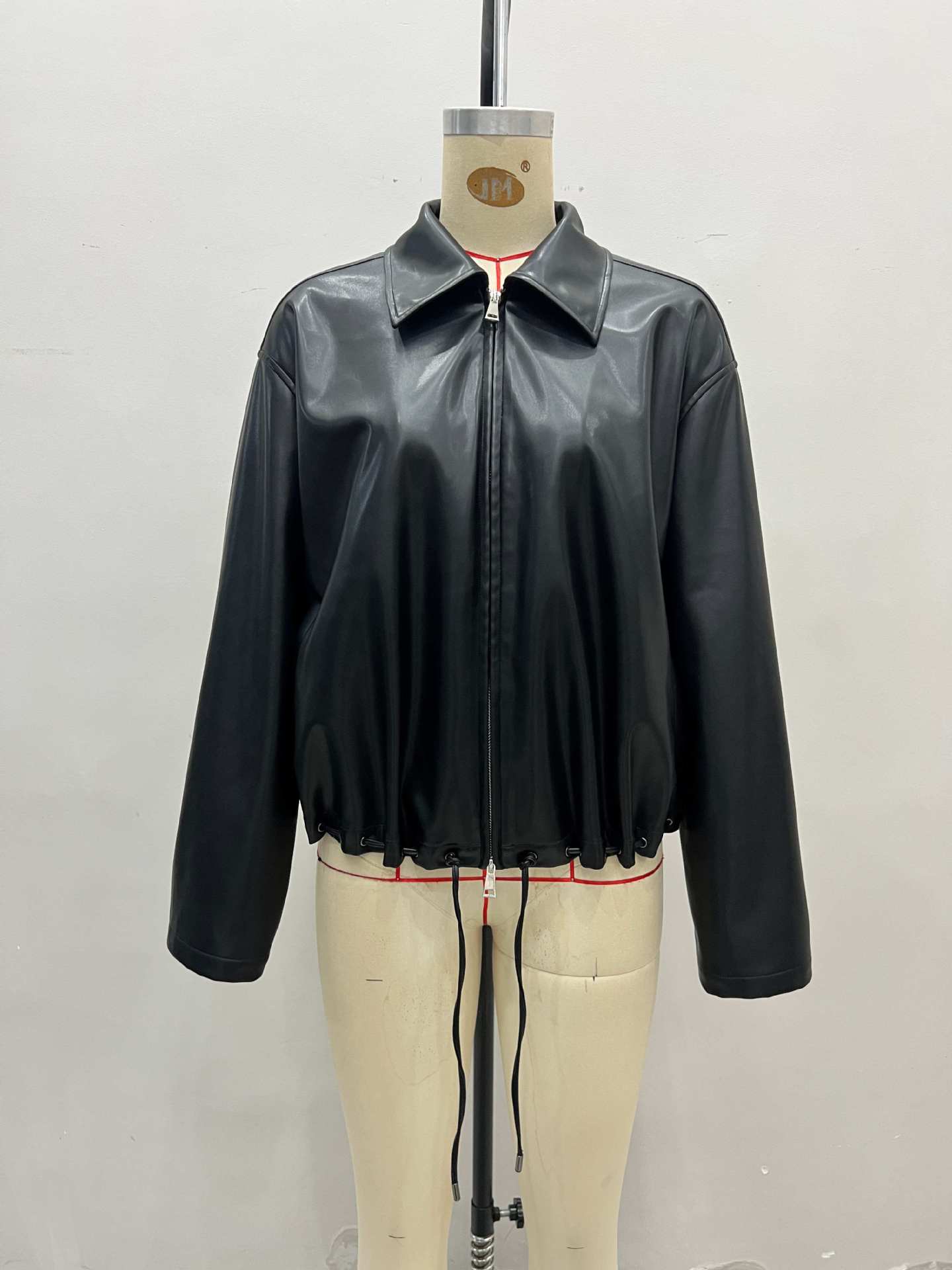 Oversized Faux Leather Blouson Jacket with Lapel and Drawstring Hem