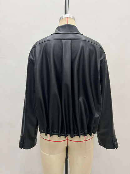 Oversized Faux Leather Blouson Jacket with Lapel and Drawstring Hem