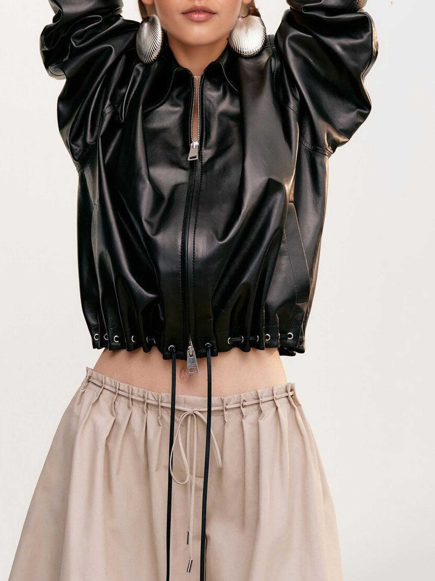 Oversized Faux Leather Blouson Jacket with Lapel and Drawstring Hem