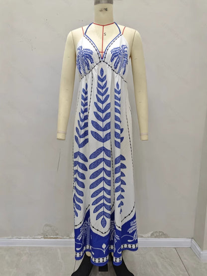 Printed Halter Maxi Dress with V-Neck and Backless Design