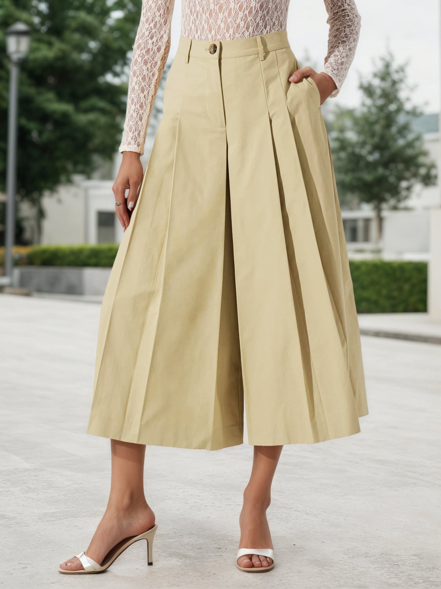 High-Waist Pleated Culottes with Midi Length