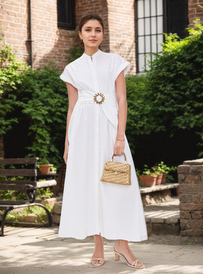 Solid A-Line Midi Dress with Mandarin Collar and Metal Belt