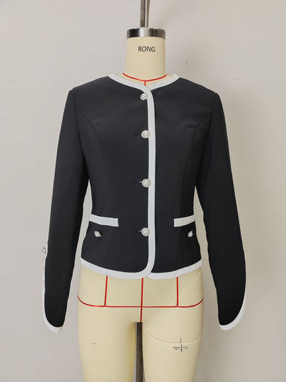Color-Block Cropped Jacket with Pearl Buttons & White Trim