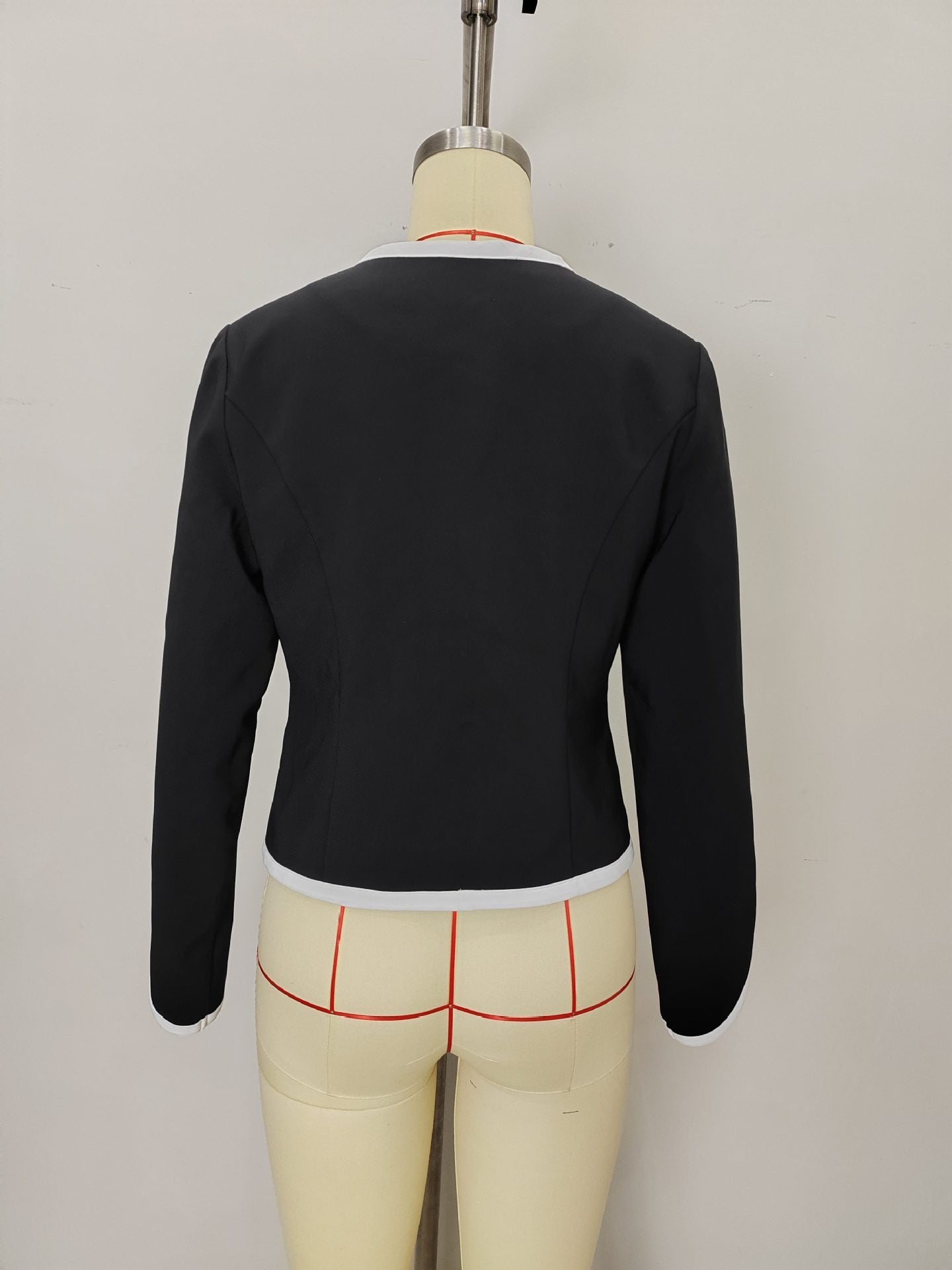 Color-Block Cropped Jacket with Pearl Buttons & White Trim