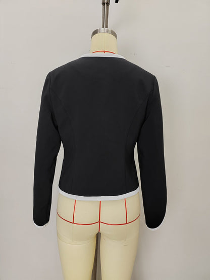 Color-Block Cropped Jacket with Pearl Buttons & White Trim