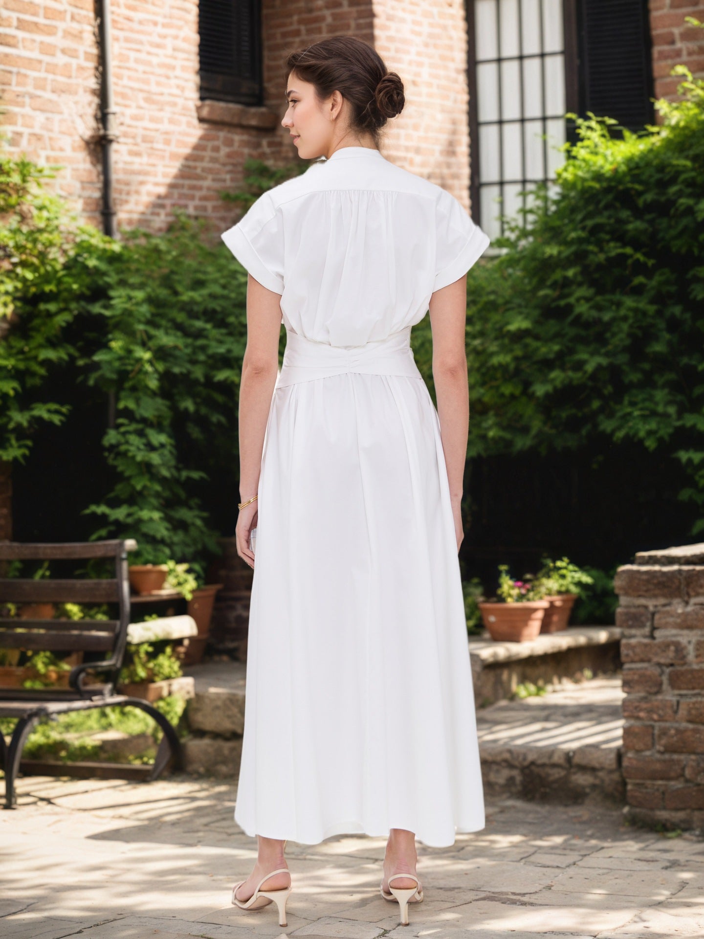 Solid A-Line Midi Dress with Mandarin Collar and Metal Belt