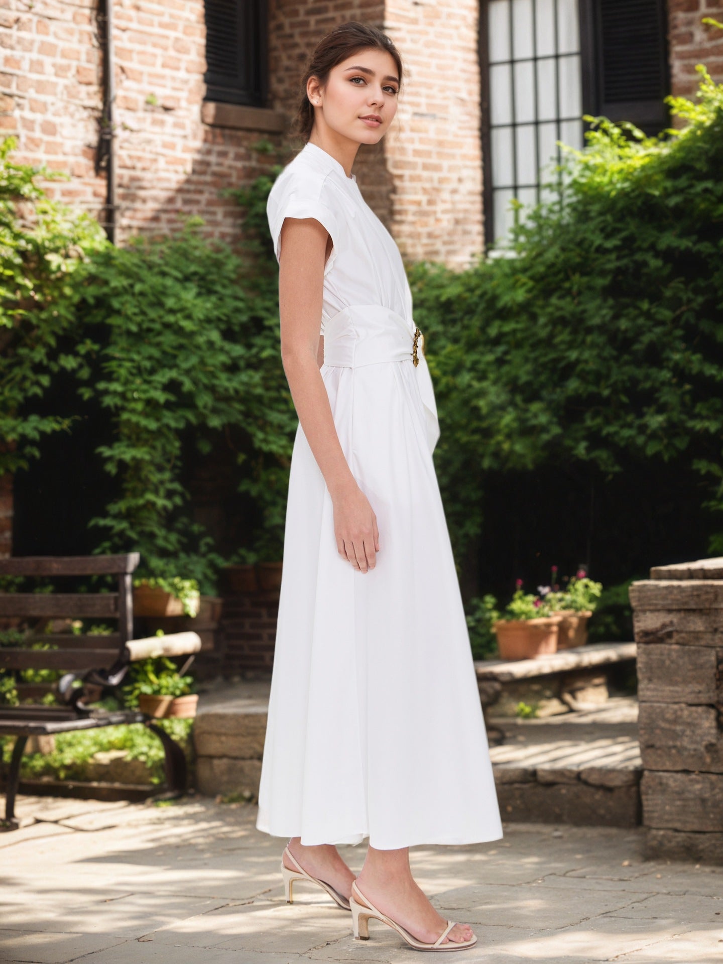 Solid A-Line Midi Dress with Mandarin Collar and Metal Belt
