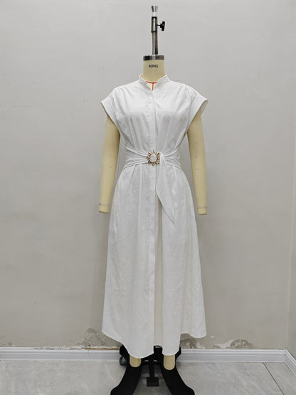 Solid A-Line Midi Dress with Mandarin Collar and Metal Belt