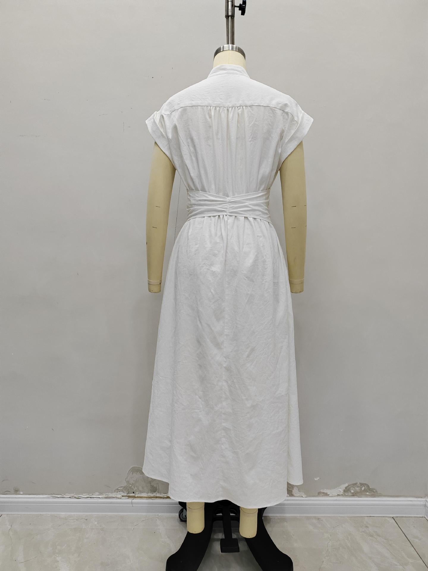 Solid A-Line Midi Dress with Mandarin Collar and Metal Belt
