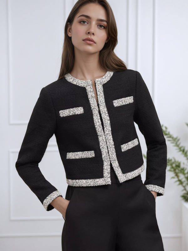 Cropped Tweed Jacket with Round Neck and Color-Block Trim