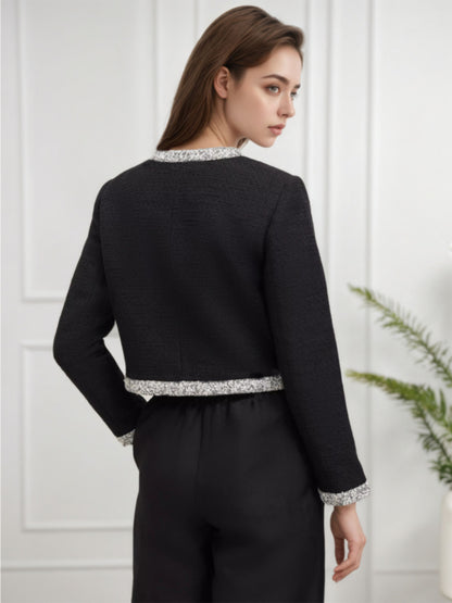 Cropped Tweed Jacket with Round Neck and Color-Block Trim