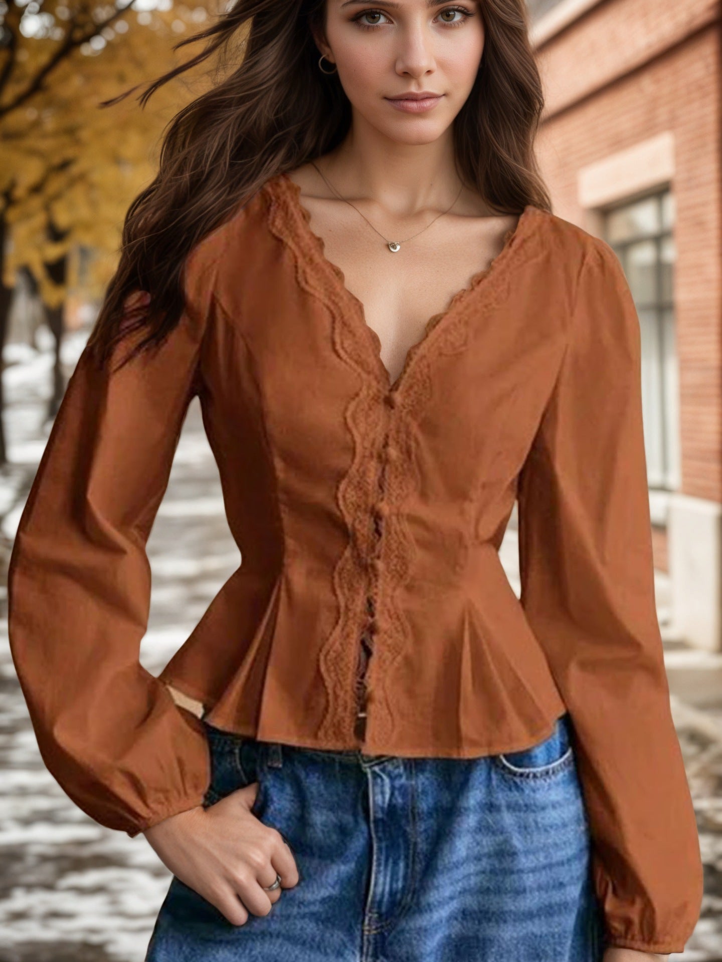 Peplum Blouse with Lace Trim V-Neck and Tie-Back