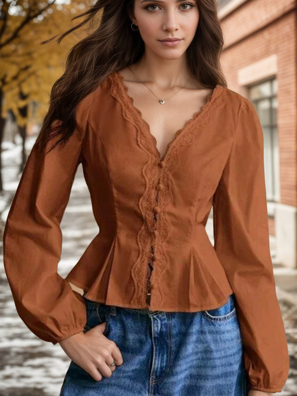 Peplum Blouse with Lace Trim V-Neck and Tie-Back