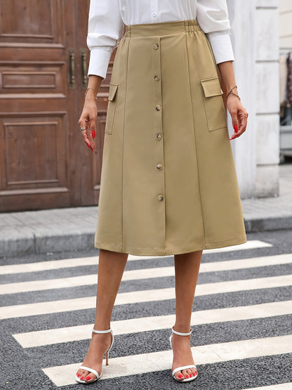 A-Line Midi Skirt with Button Front and Cargo Pockets