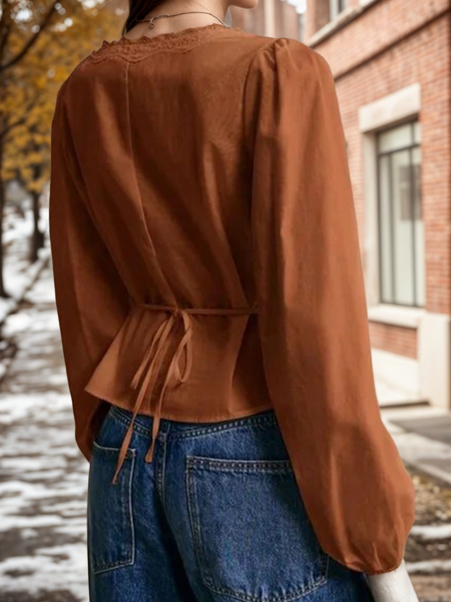 Peplum Blouse with Lace Trim V-Neck and Tie-Back