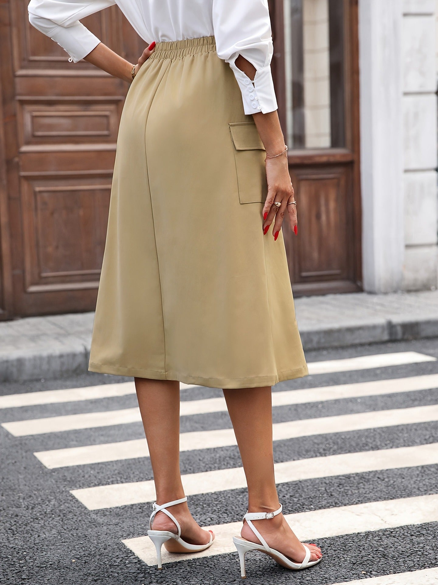 A-Line Midi Skirt with Button Front and Cargo Pockets