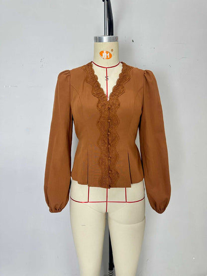 Peplum Blouse with Lace Trim V-Neck and Tie-Back