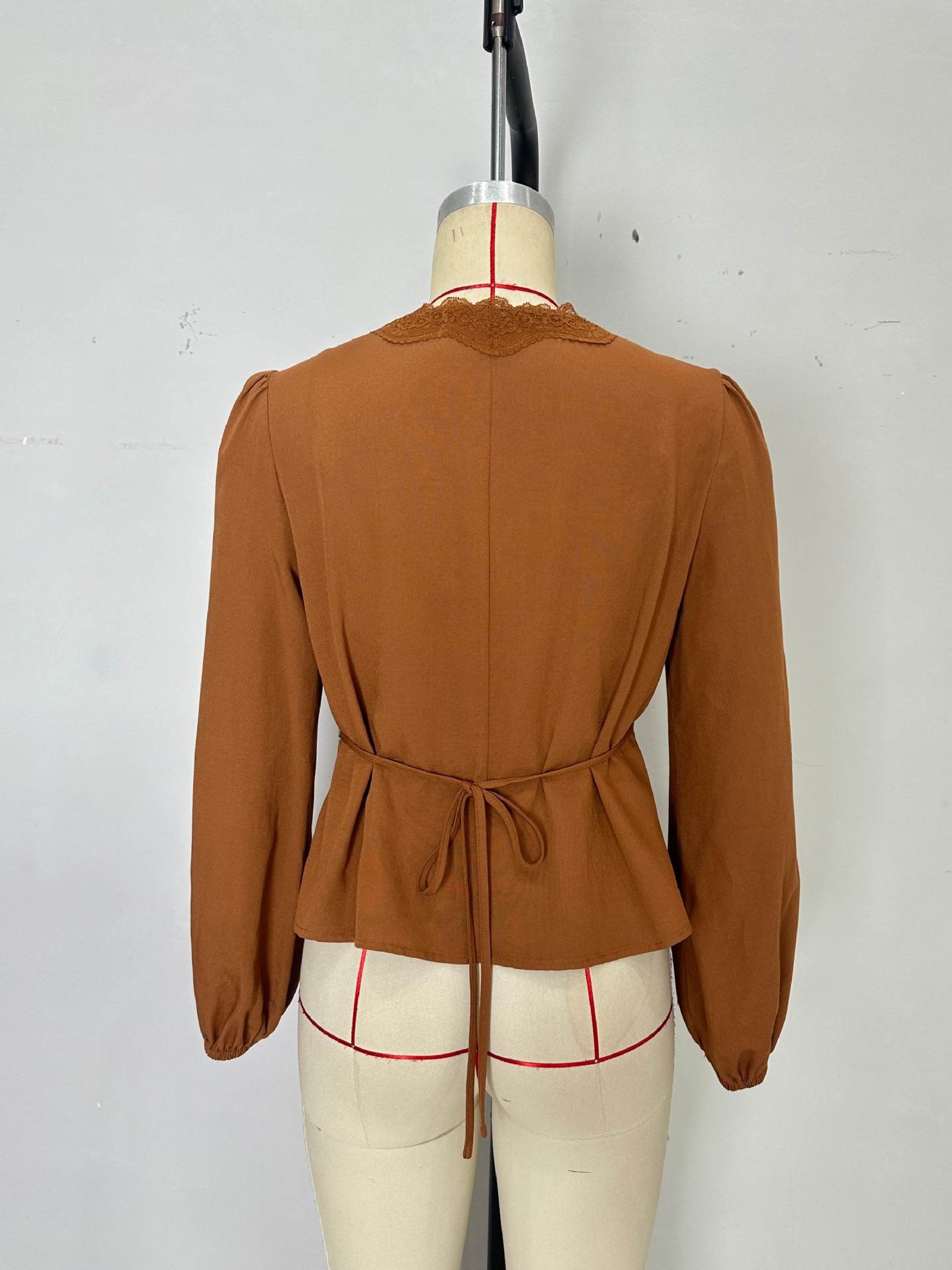 Peplum Blouse with Lace Trim V-Neck and Tie-Back