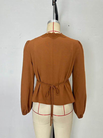 Peplum Blouse with Lace Trim V-Neck and Tie-Back