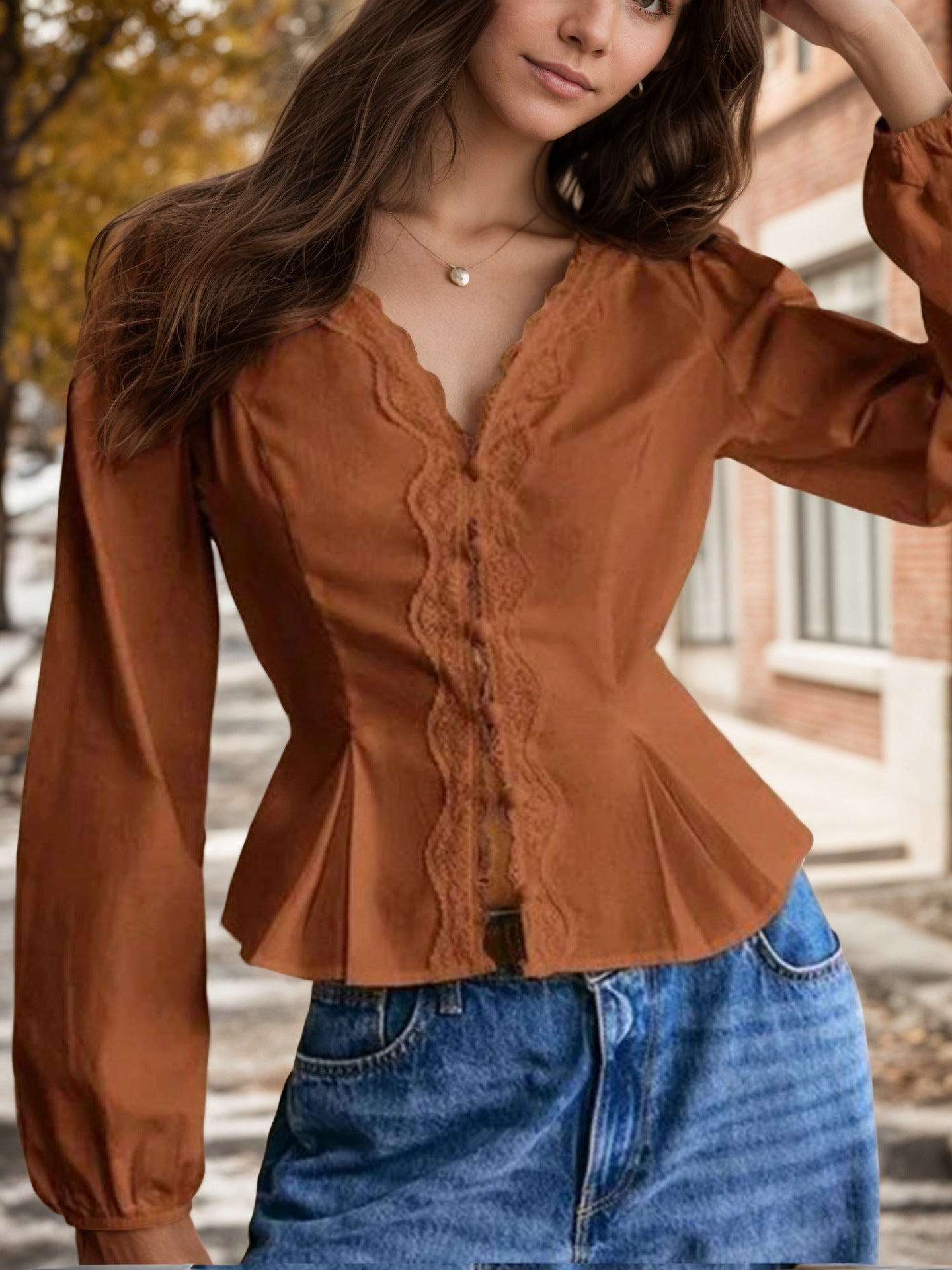 Peplum Blouse with Lace Trim V-Neck and Tie-Back