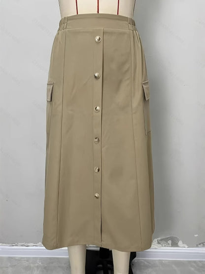 A-Line Midi Skirt with Button Front and Cargo Pockets