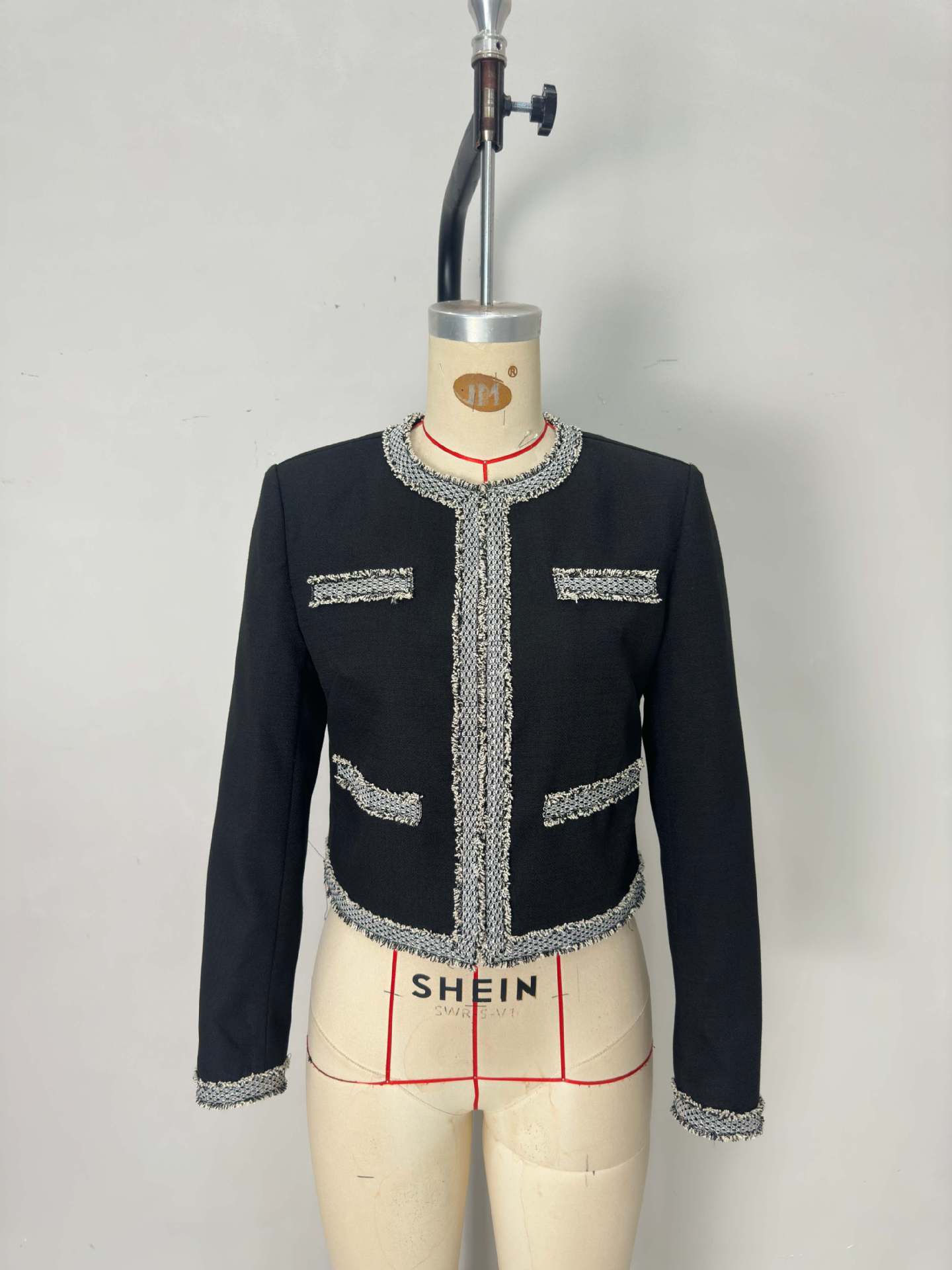 Cropped Tweed Jacket with Round Neck and Color-Block Trim